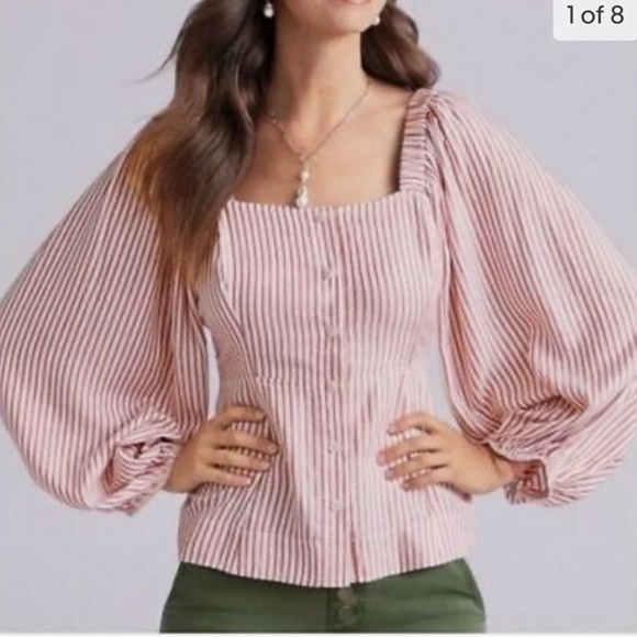 CAbi Tops - CABI Womens XS Bishop‎ Sleeve Square Neck Top #5890 Red White Stripe Carnival